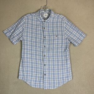 Jeremiah Shirt Mens Small Blue Plaid Short Sleeve Linen Bland Button Up Slim Fit